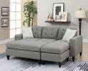 Reversible 3pc Sectional Sofa Set Light Grey Tufted Polyfiber Wood Legs Chaise Sofa Ottoman Pillows Cushion Couch