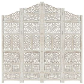 Hand carved 4-Panel Room Divider White 63"x65" Solid Mango Wood