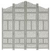 Hand carved 4-Panel Room Divider Gray 63"x65" Solid Mango Wood