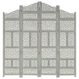 Hand carved 4-Panel Room Divider Gray 63"x65" Solid Mango Wood