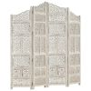 Hand carved 4-Panel Room Divider White 63"x65" Solid Mango Wood