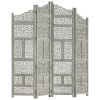 Hand carved 4-Panel Room Divider Gray 63"x65" Solid Mango Wood