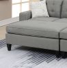 Reversible 3pc Sectional Sofa Set Light Grey Tufted Polyfiber Wood Legs Chaise Sofa Ottoman Pillows Cushion Couch