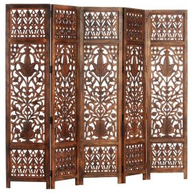 Hand carved 5-Panel Room Divider Brown 78.7"x65" Solid Mango Wood (Color: Grey)