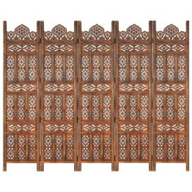 Hand carved 5-Panel Room Divider Brown 78.7"x65" Solid Mango Wood (Color: Brown)