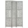 Hand carved 3-Panel Room Divider Gray 47.2"x65" Solid Mango Wood