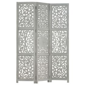 Hand carved 3-Panel Room Divider Gray 47.2"x65" Solid Mango Wood (Color: Grey)