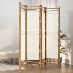 Folding 4-Panel Room Divider 63" Bamboo and Canvas (Color: Cream)