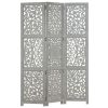 Hand carved 3-Panel Room Divider Gray 47.2"x65" Solid Mango Wood