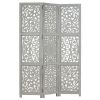 Hand carved 3-Panel Room Divider Gray 47.2"x65" Solid Mango Wood