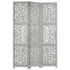 Hand carved 3-Panel Room Divider Gray 47.2"x65" Solid Mango Wood