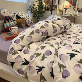 Double-piece Foggy Gray Quilt Cover Four-piece Bedding Sheet Dormitory Bed Three-piece Set (Option: Tulip-180cm)